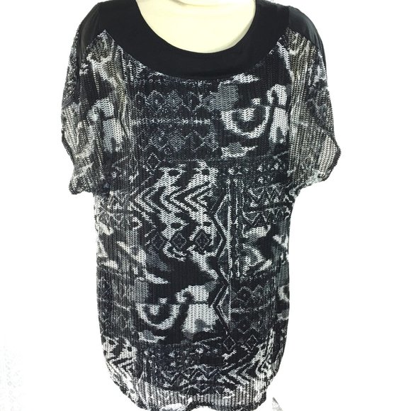 Suzie in the City XL Abstract Print Top Blouse Open Knit Mesh Lined Black White - Picture 2 of 9